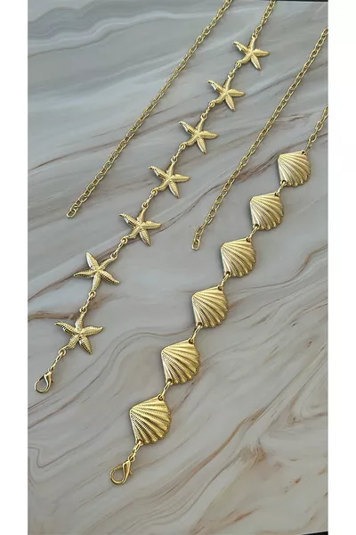 طقم حزام سلسلة مزدوج بتصميم نجمة وصدفة للجسم والخصر والفستان والبنطال والتنانير