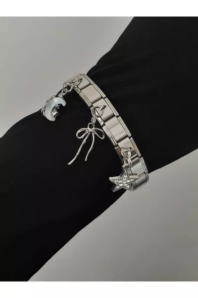 Moon & Star & Ribbon Figure Triple Steel Italian Charm Bracelet