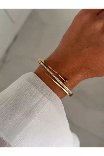 Браслет-манжета с гвоздями из нержавеющей стали с золотыми камнями