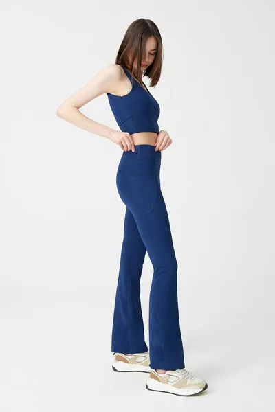 Kadın Lacivert Yüksek Bel Toparlayıcı Çift Cepli Ispanyol Paça Tayt Bootcut