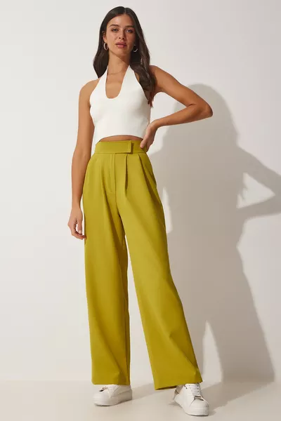 Kadın Yağ Yeşili Beli Cırt Cırt Kapamalı Bol Pantolon 