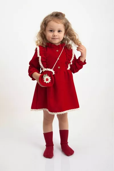 Meisjesjurk met lange mouwen, rood, met tas en kant (2-3-4-5 JAAR)