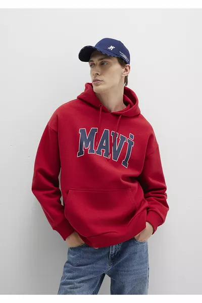 Red Hoodie Sweatshirt with Logo Print 