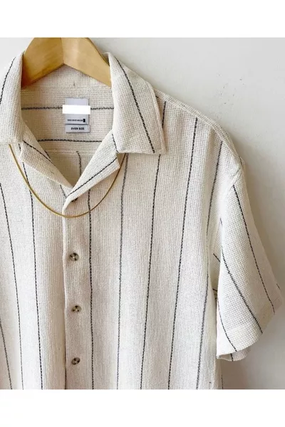 قميص رجالي بياقة قميص واسع قصير الأكمام صيفي