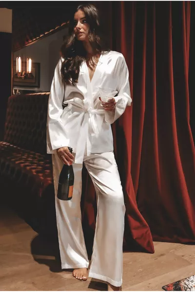 Silky Satin Long-Sleeve Cuffed 2-Piece Pajama Set