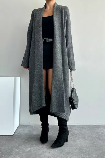 Kadın Koyu Gri Şal Yaka Uzun Triko Hırka