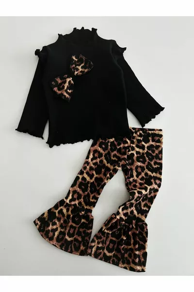 طقم بناتي للرضع والبنات مع بنطلون إسباني ورباط رأس بنقشة الفهد