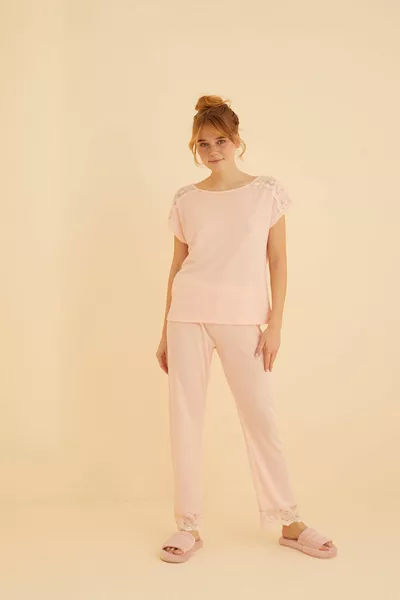 Salmon Lace Detailed Soft Touch Fine Knitted Pajamas Set