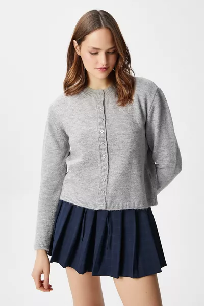 كنزة نسائية نينا بياقة دراجة رمادية أساسية