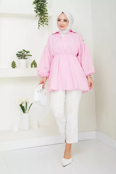 Women's Pink and White Striped Satin High-Waisted Elastic Abaya Shirt