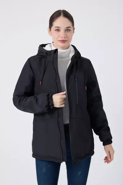 معطف شتوي نسائي أسود مبطن بالفراء مقاوم للماء والرياح بغطاء للرأس & جاكيت & باركا