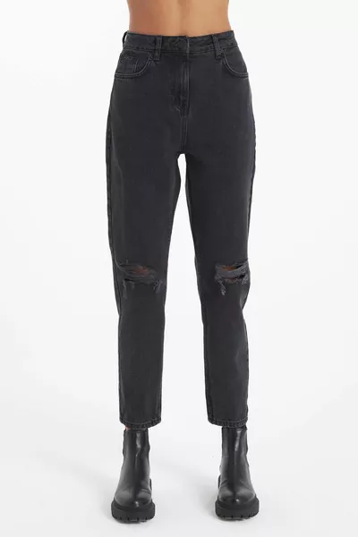 Ariana nero ritaglio al ginocchio vita alta mamma fit jeans con cerniera c 