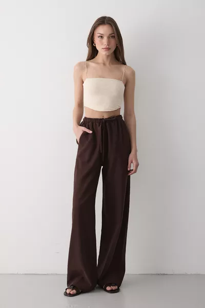 Kadın Kahverengibeli Lastikli Bol Paça Palazzo Keten Pantolon