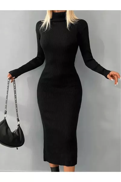 - فستان قلم متوسط الطول بأكمام ضيقة من الصوف المضلع بياقة صيد السمك