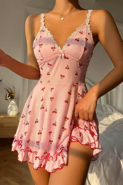 Romantic Pink Cherry Print Strappy Thong and Nightgown