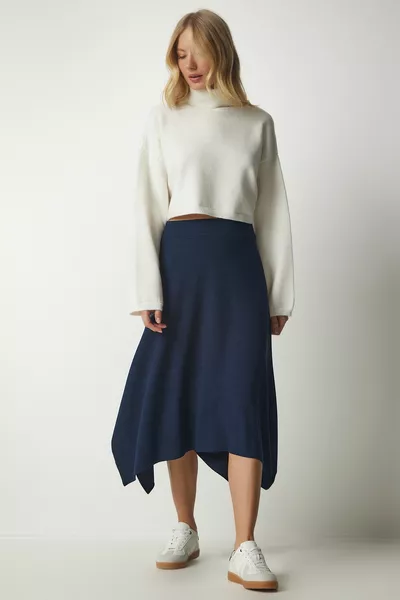 Women's Navy Blue Asymmetrical Cut Ribbed Knitted Skirt 