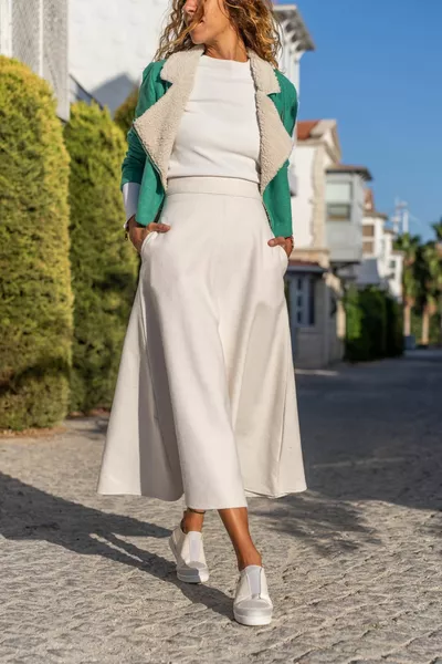 Damen Ecru Selbstgemustertes Gütesiegel Hoher Taillentasche Kilos Rock 