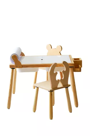 Wood & Joy Table d'activité sensorielle en bois pour enfants avec 2 chaises (avec rouleau de papier offert)