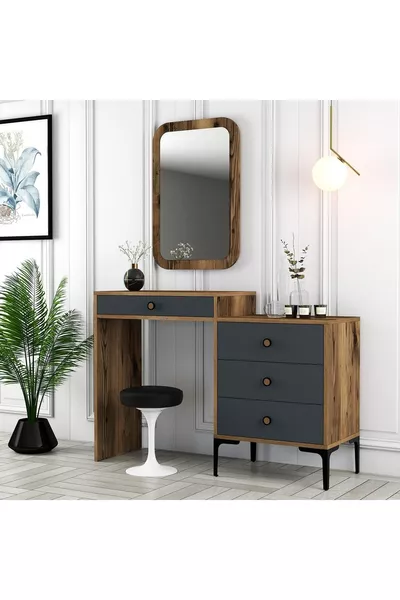 Commode à maquillage miroir variant Lisbonne - Noyer / Anthracite