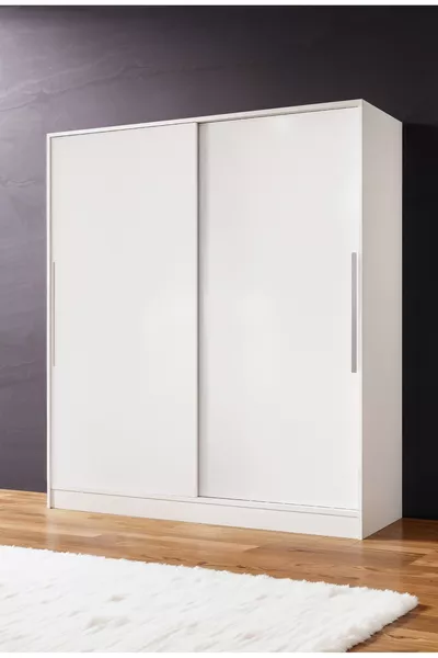 خزانة  زنبق منزلقة متعددة الرفوف مع أدراج وعصى تعليق، جسم أبيض (أبواب بيضاء-بيضاء)