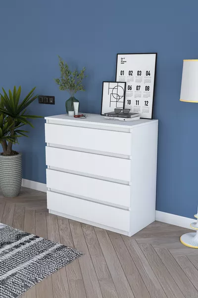 خزانة راني بأربعة أدراج لغرفة النوم وغرفة الأطفال، باللون الأبيض، X سم