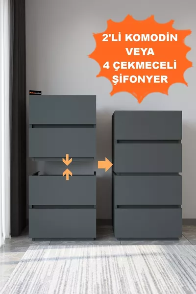  Galata 4 Çekmeceli Patentli Antrasit Şifonyer Yatak Odası Bebek Odası Komodin