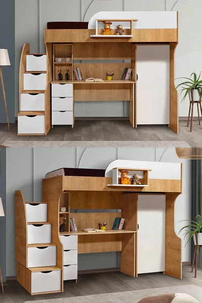 Lits superposés, Litera Ranza Armoire Bureau, Noyer clair-Blanc
