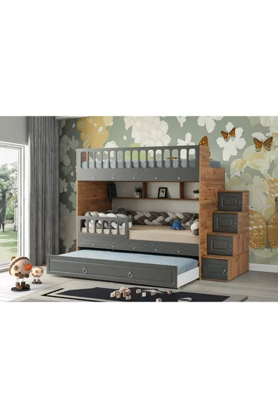 Zümrüt Ranza / Pino-antracite / Installazione Gratuita / 3 Zone Letto e Scala con Armadio / 100% MDF