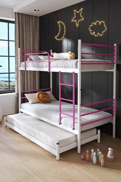 Трэнд двухъярусная кровать с ящиком для хранения, подходит для 3 человек, тёмно-розовая металлическая кровать