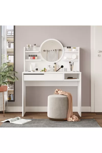Table de maquillage Ocean avec miroir, étagères et tiroirs, blanc -w