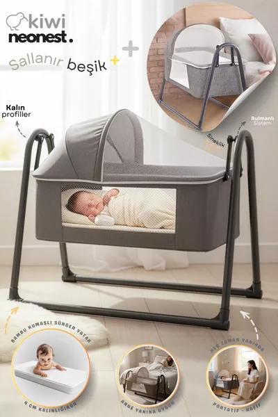 سرير أطفال قابل للتأرجح بجانب الأم، بسقف وجدار شبكي وسرير سميك، مع خيمة، سلة محمولة جديدة باللون الأنثراسيت