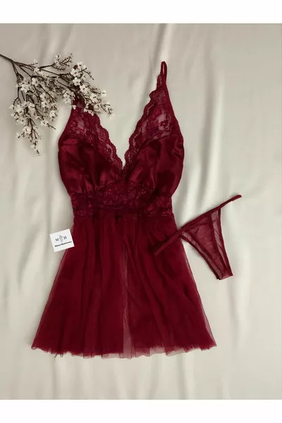 Afet Burgundy Satin Chest-Covered Mini Tulle Nightgown Lingerie