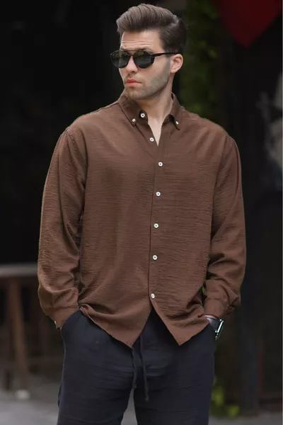 Kahverengi Uzun Kollu Oversize Erkek Gömlek 