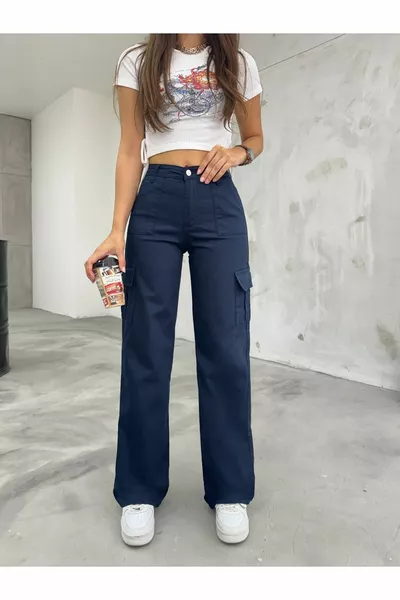 Тъмносин карго джоб ликра с висока талия широки панталони