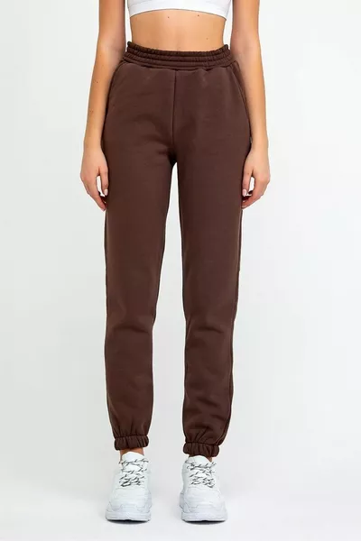 Kadın Beli Ve Paçası Lastikli Üç Iplik Örme Eşofman Altı Jogger Kahverengi