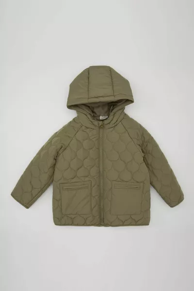 Boys' Waterproof Zipper Pocket Hooded Patterned Quilted Jacket WN