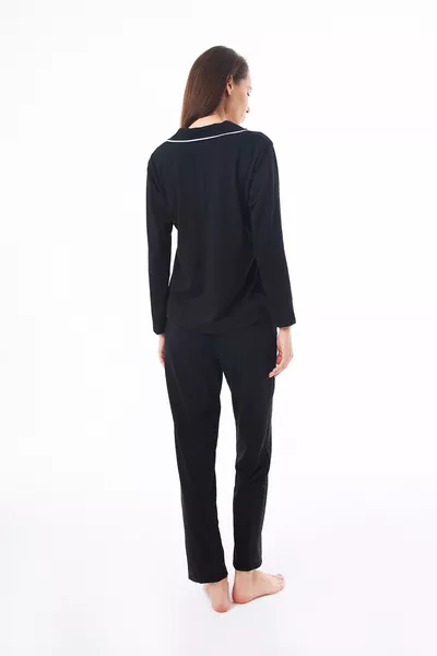 طقم بيجامة نسائي قطني أسود بأزرار من الأمام