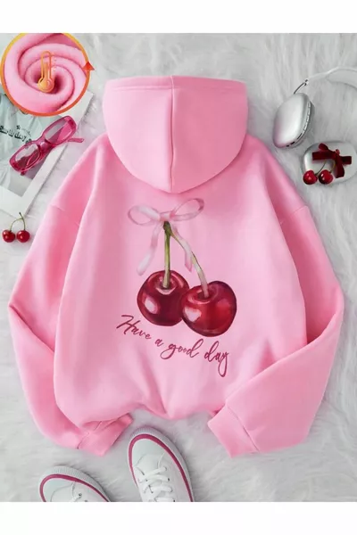 Felpa con Cappuccio e Tasca a Marsupio Pembe Cherry Good Day con Stampa sulla Schiena