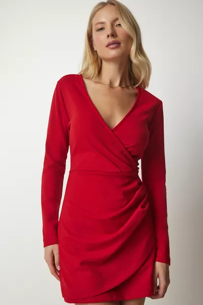 Damen Rotes Wickelkragen Kleid aus eng anliegendem, schickem Stoff