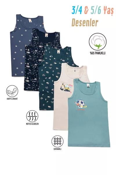 Özkan  5-Pack Boys' Cotton Tank Tops, Mixed Colors, Patterned, Soft, Comfortable, Thick Straps