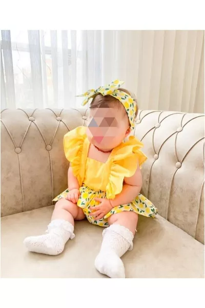 Ensemble salopette à volants citron pour bébé fille & bandana