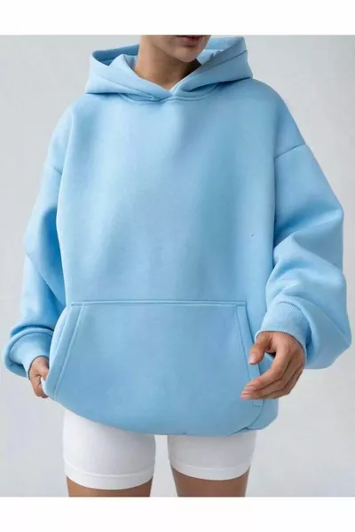 Felpa con Cappuccio e Tasca a Marsupio Azzurro Chiaro