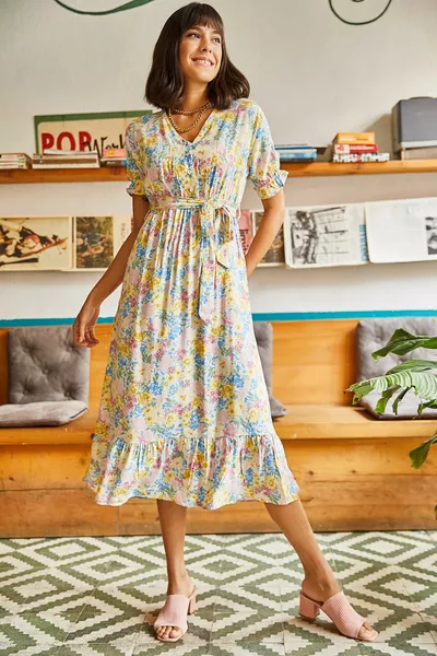 Dames Jurk van geweven viscose met gele knopen en ceintuur, met mouwdetail 