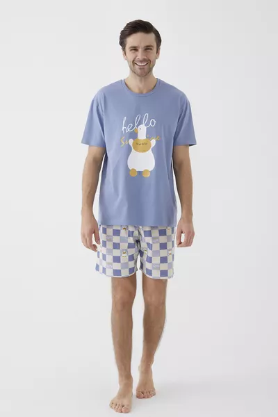 Мъжки къс ръкав пижамен комплект от памук с каре и щампа на патица, с къси панталони