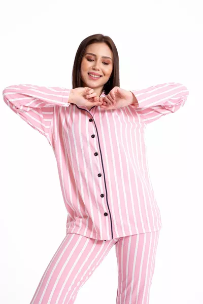 % Cotton Shirt Collar Button White Striped Pink Women's Nightgown Pajama Set