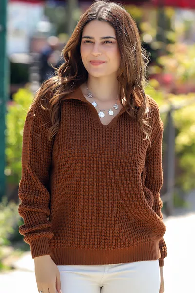 V-hals Selanik rijstpatroon gebreide trui met lange mouwen, comfortabele pasvorm, dikke wintertrui