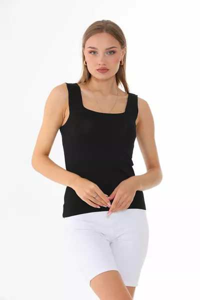 Damen Schwarze Ärmellose Bluse, Dicke Träger, Langes Top, Dünn, Sommer, Quadratischer Ausschnitt, Strick