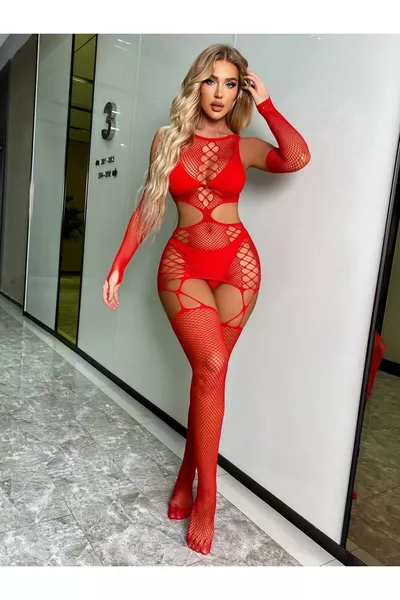 Elegant Red Fishnet Lace Bodysuit Fantasy Wear
