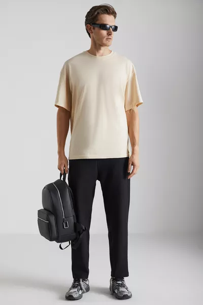 بنطال رياضي رجالي من بيرثولا بنقشة رجالية، مقاس عادي، بخيوط ثلاثية، الداخلية مصنوعة من القطن العضوي، باللون الأسود