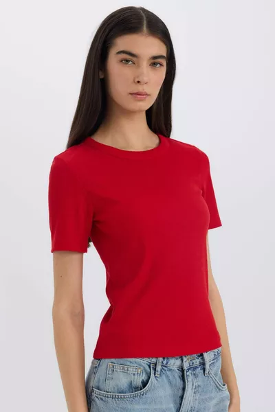 Slim Fit Narrow Cut Crew Neck Basic Plain Ribbed Short Sleeve Red T-Shirt AU